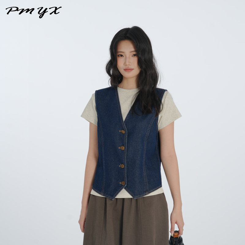 Pmyx American Retro Dark Blue Washed V-Neck Denim Vest Two-Way Wear Sleeveless Jacket for Layering Casual Wear