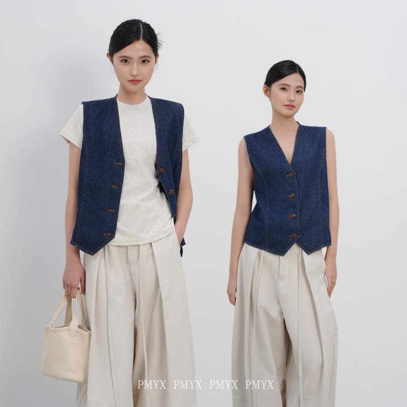 Pmyx American Retro Dark Blue Washed V-Neck Denim Vest Two-Way Wear Sleeveless Jacket Layered Casual Wear