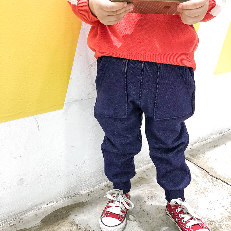 Japanese style autumn winter children's trousers male and female baby imitated jeans plus thickening large PP pants
