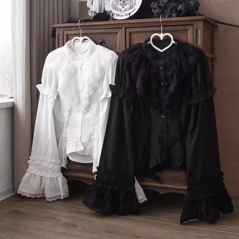 In Stock Slim Fit Original Gothic Lolita Inner Shirt Black and White Small Puff Sleeve Shirt