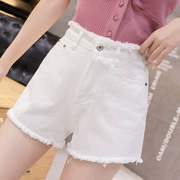 2019 mùa hè mới của Hàn Quốc màu eo cao denim quần short nữ Burr chân dài đáng kể rộng quần chân của phụ nữ quần - Quần jean