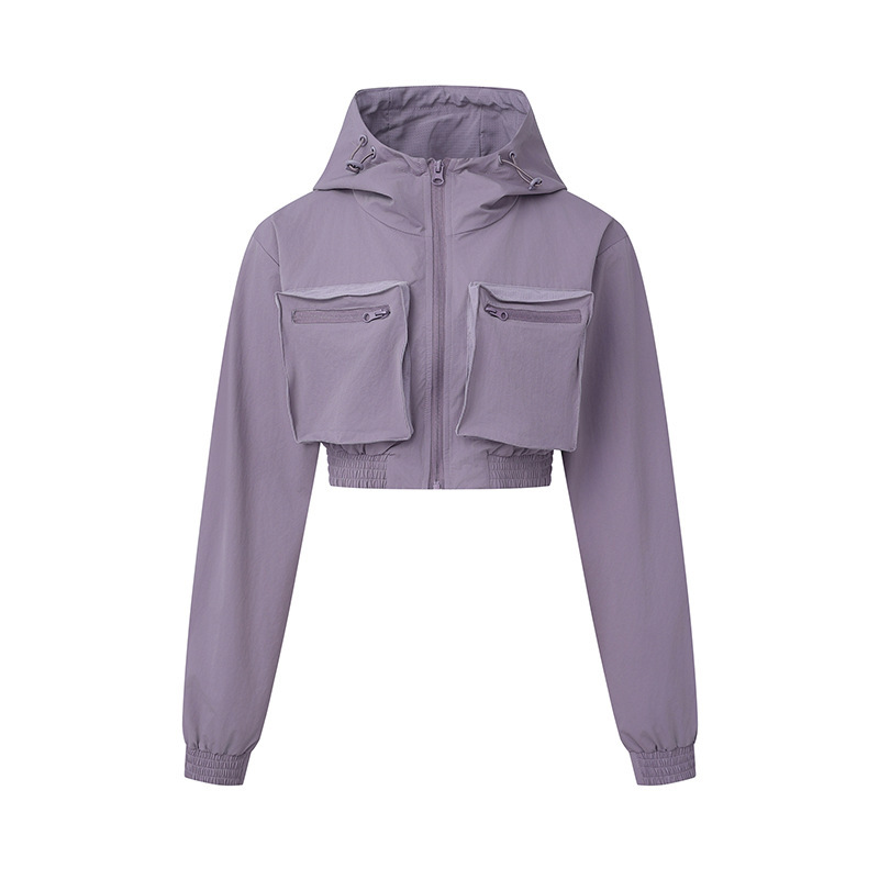 Trendy Mountain-Style Double-Pocket Workwear Jacket for Women with Elastic Waistband, Drawstring Hood, Functional Outdoor Windproof Jacket