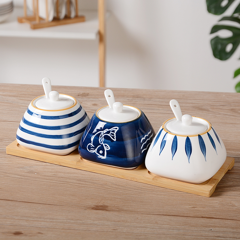 Three full sets of ceramic salt jar seasoning seasoning box Japanese-style seasoning jar household seasoning bottle combination kitchen salt shaker