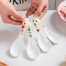 4 Ceramic Spoon Subnet Red Fruit Pattern Drink Soup Spoon Restaurant Hotel Soup Spoon High Temperature Resistant Microwave Oven Dinner Spoon