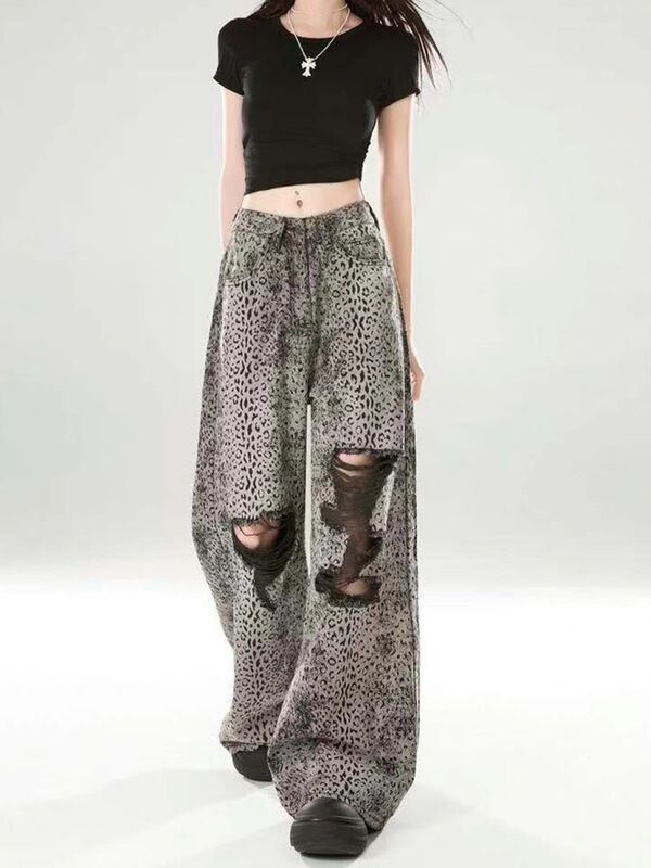 American Retro Hot Girl Leopard Print Ripped Jeans for Women 2025 Autumn New Style Lazy Drape Loose Floor-Length Pants