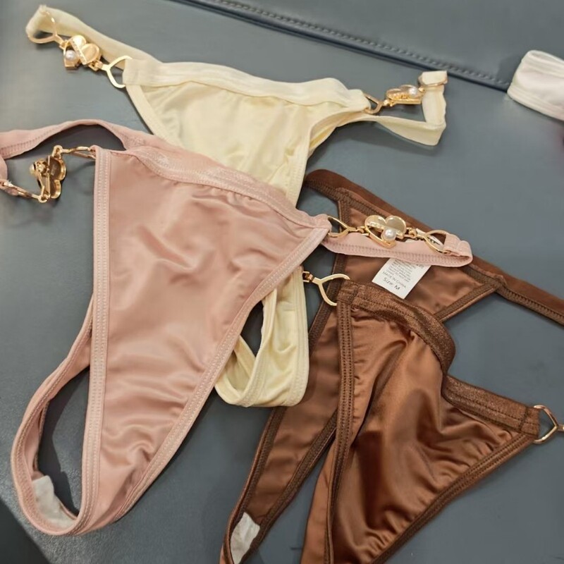Foreign Trade Export French-Style Light Luxury Glossy Satin Chain Low-Waist Thong for Women with Thin Straps, Nude Feel, Cotton Crotch, Breathable and Comfortable