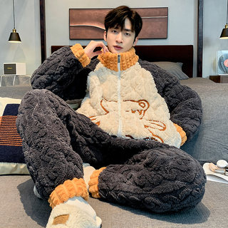 Autumn and Winter Three-Layer Quilted Pajamas Set with Fleece and Thickened Coral Fleece 2026 New Men's Large Size Loungewear