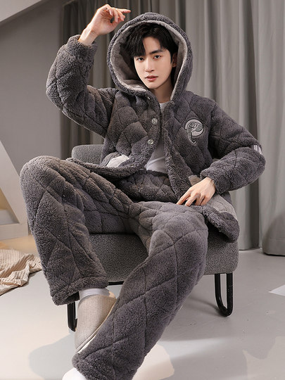 Three-layer quilted letter men's pajamas large size suit autumn and winter new coral velvet plus velvet thickened home clothes