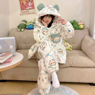 2026 New Three-Layer Quilted Cartoon Women's Pajamas Coral Fleece Autumn and Winter Thickened Home Wear Set
