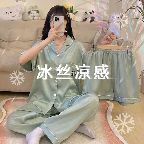 Шелковая пижама, летний тонкий комплект, 3 предмета, изысканный стиль, короткий рукав, популярно в интернете, большой размер