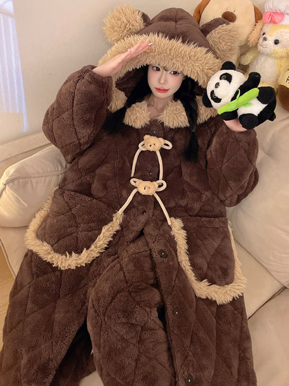 Winter Three-Layer Quilted Maternity Pajamas, Plus-Size Maternity Wear, Women's Coral Fleece, Thickened Sleepwear, Loungewear