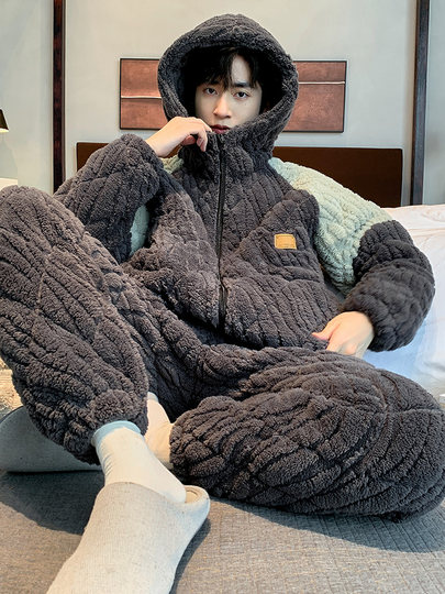 Autumn and Winter Youth Men's Pajamas Three-Layer Quilted Coral Velvet Fleece-Lined Thickeneded Middle School Student Home Clothes Set