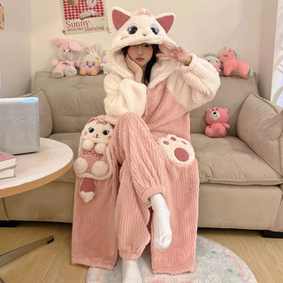 Coral Velvet Women's Nightgown New Style Cartoon Autumn and Winter Large Size Fleece-Lined Thickened Pajamas Home Wear Set