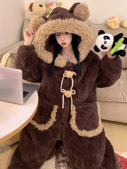 2026 New Winter Three-Layer Quilted Nightgown for Women, Coral Fleece Pajamas, Fleece-Lined and Thickened Set, Plus-Size Loungewear