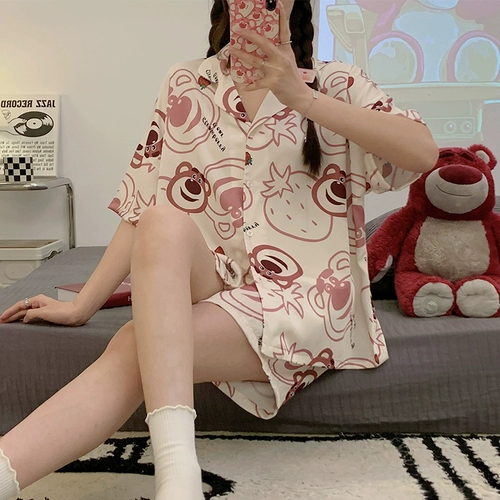 Клубника, шелковая летняя пижама, мультяшный комплект, популярно в интернете, короткий рукав