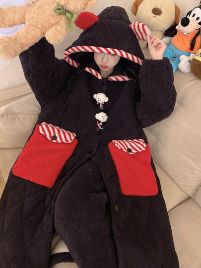 Autumn and Winter Three-Layer Quilted Cotton Women's Nightgown, Cute Puppy Half-Velvet Pajamas, Thickened and Fleece-Lined, Adorable Set, Loungewear