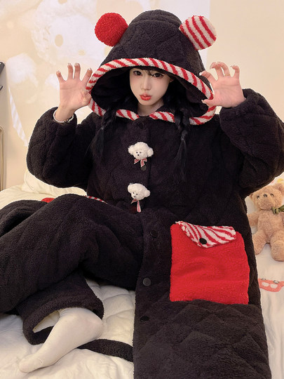 Autumn and Winter Three-Layer Quilted Cotton Women's Nightgown, Cute Puppy Half-Velvet Pajamas, Thickened and Fleece-Lined, Adorable Set, Loungewear