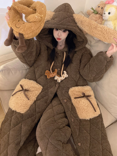 Autumn and Winter Three-Layer Quilted Cute Puppy Nightgown for Women, Half-Velvet Pajamas, Fleece-Lined and Thickened Set, Loungewear