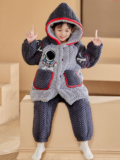 New Three-Layer Quilted Cartoon Children's Set for Autumn and Winter, Boys' Coral Fleece Thickened Pajamas and Loungewear