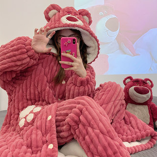 Three-Layer Quilted Long Nightgown, Thickened Coral Fleece, Plush Strawberry Bear Pajamas for Women, Winter Flannel Set