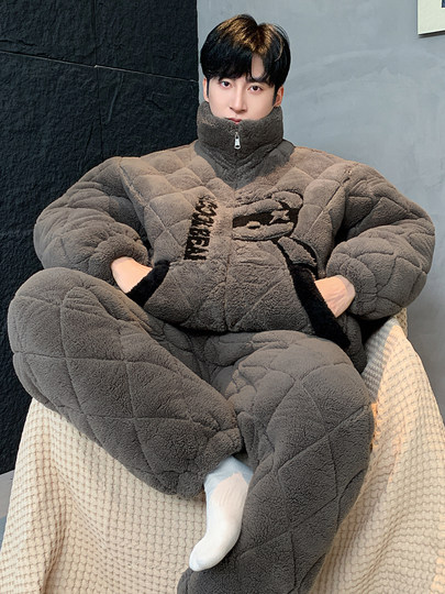 2026 New Autumn and Winter Men's Three-Layer Quilted Pajamas for Teenagers, Fleece-Lined and Thickened Coral Fleece Set, Loungewear