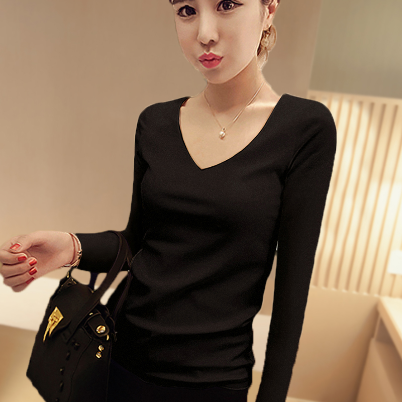 images 1:Pure cotton black undershirt female long sleeve low-collar autumn winter t-shirt mounted with a hundred-duty shirt v-collar autumn clothes tight body tide