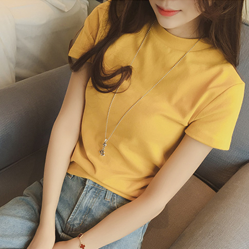images 2:White T-shirt female short sleeve half-high collar tights bottom shirt repair body-shirt pure cotton half-sleeve and put on spring and summer clothes