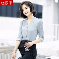 Blue shirt Women summer thin fashion chiffon shirt short sleeve professional top seven-quarter sleeve V neck satin shirt summer