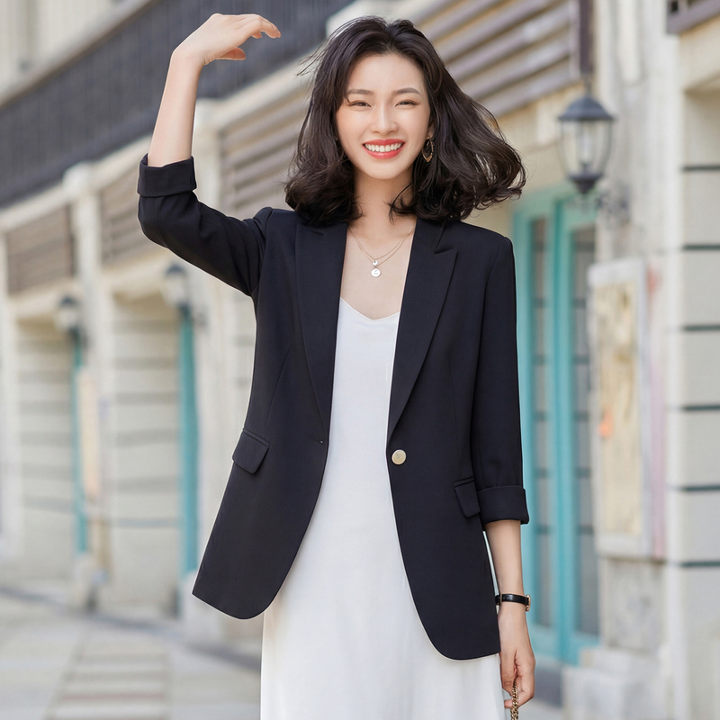 Chiffon Black Blazer for Women, Summer Thin Style, Petite Size, Three-Quarter Sleeves, Short Suit for Women, Spring and Summer Wear