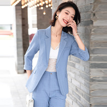 Blue Suit Professional Suit Woman Summer Style Superior Fashion Temperament Commute 70% Sleeves Slim Lady West Suit Jacket