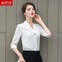 White Snowspun Shirt Woman 2021 Summer casual Yangqi Middle sleeve Career dress White shirt Working clothes Positive Dress Jacket