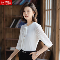 70% Sleeve Snowspun Shirt Woman Butterfly Knot Foreign Air Lace Lady White Shirt Design Sense small crowdblouse middle sleeve