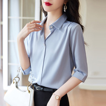 Blue Snowspun Shirt Blouse Blouse Women 2022 Summer New Professional Temperament Positive Dress Lady Middle Sleeve Shirt Suit Dress