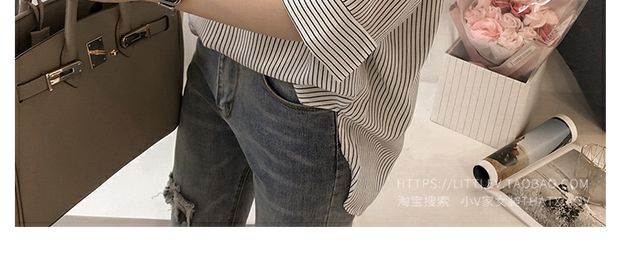 Kích thước lớn nữ béo mm mới nước ngoài kích thước lớn phụ nữ che bụng áo voan mỏng 200 kg áo sơ mi sọc ngắn tay quần bò cạp cao