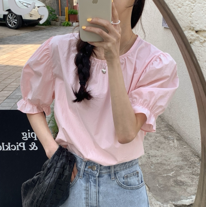 Sweet Candy-Colored Pink Shirt Women's Summer French Age-Reducing Loose Casual Versatile Solid Color Puff Sleeve Top