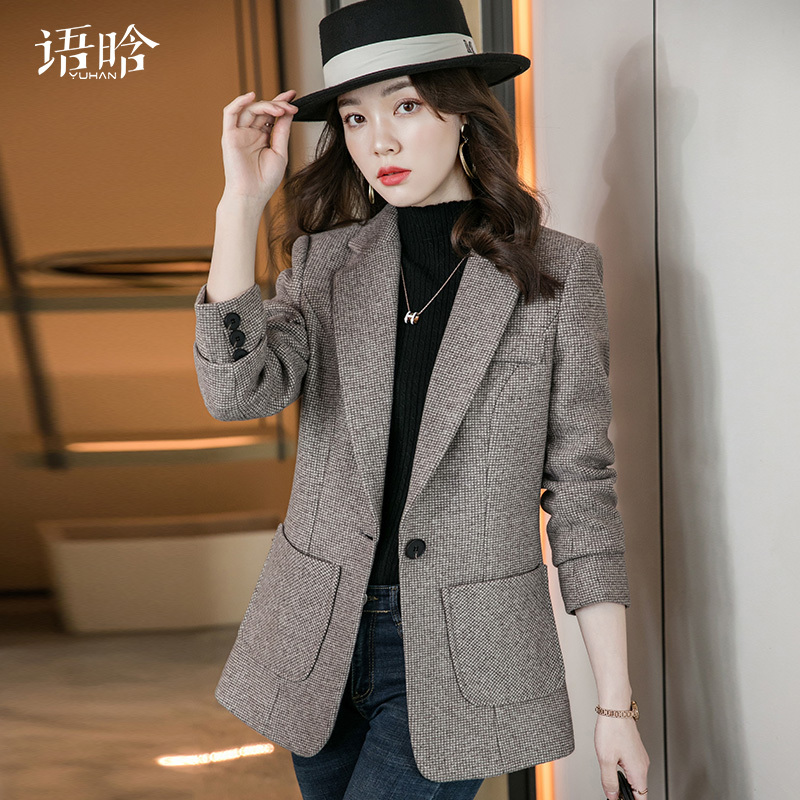 Brown Woolen Blazer for Women 2026 New Autumn and Winter Petite Elegant Ladies' Woolen Casual Suit for Spring and Autumn
