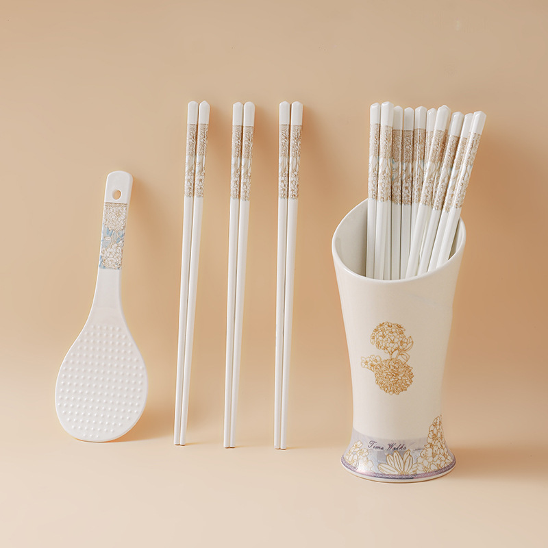 Time Walk Ceramic Chopsticks Set with Rice Spoon and Chopstick Holder, High Temperature Resistant, Easy to Clean, Green Branches and Leaves, Thousand Miles of Rivers and Mountains Chopsticks