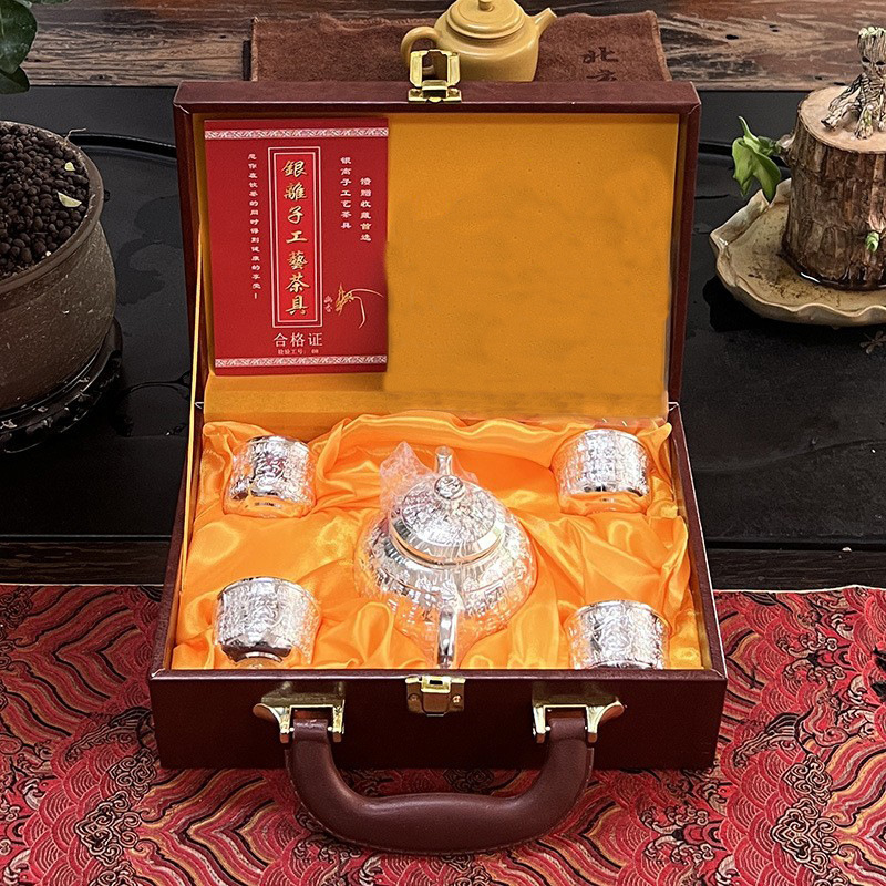Bai Fu Silver Tea Set Business Creative Tea Gift 999 Silver Teapot Silver Tray Tea Cup 5-Piece Set