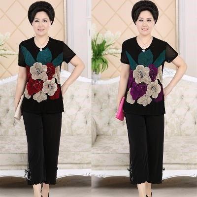 Middle-aged and elderly women's mother's summer short-sleeved temperament suit middle-aged fat mother's summer jacket and trousers