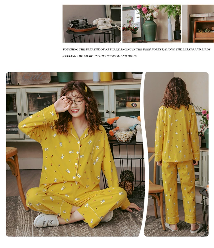 Bộ đồ ngủ cotton dài tay mùa thu nữ sinh dễ thương công chúa áo len gió phục vụ mùa xuân và mùa thu Hàn Quốc của bộ đồ hai mảnh - Cặp đôi bộ đồ thể thao nam