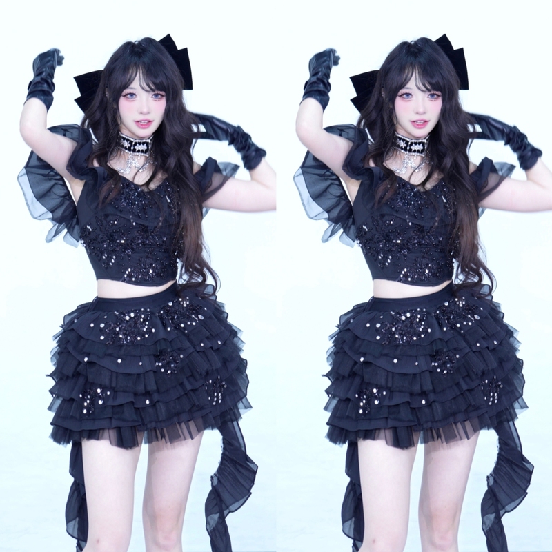 Iu's Same Style Black Heavy-Duty Rhinestone Set Dress, Black Swan Slimming Puffy Skirt, Bar Stage Performance Outfit Iu's Same Style Black Heavy-Duty Rhinestone Set Dress, Black Swan Slimming Puffy Skirt, Bar Stage Performance Outfit