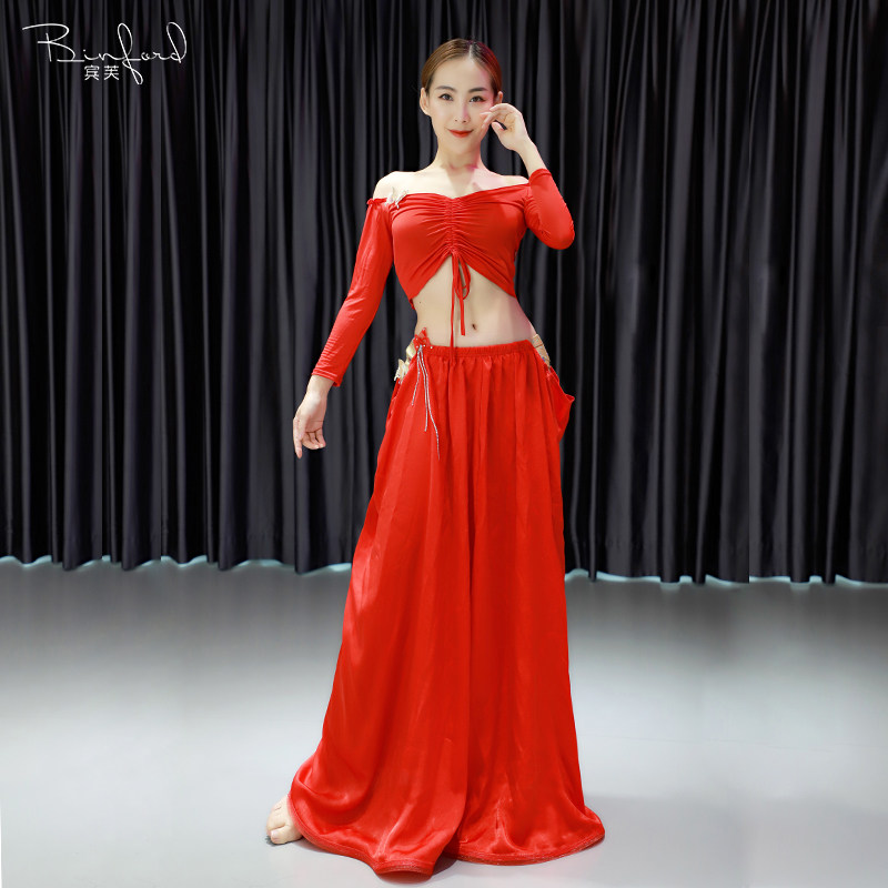Binfu belly dance practice clothes 2021 autumn and winter new high-elastic red ice silk hip scarf skirt suit beginners class clothes