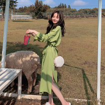 Avocado green dress 2021 early spring and autumn Western Air Age age French dress fairy Super fairy silk shirt skirt
