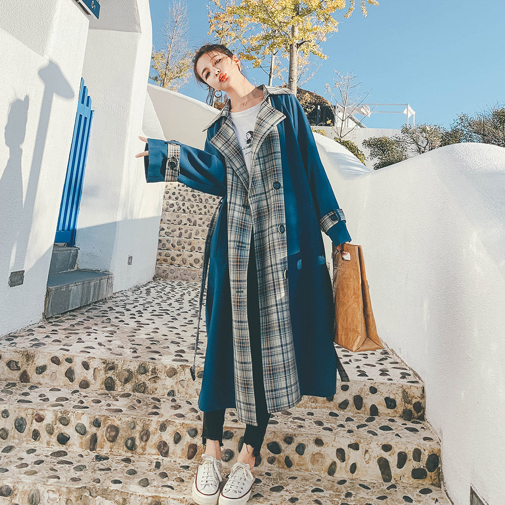 Plaid stitching blue British windbreaker women's mid-length 2023 new style this year's popular temperament high-end spring and autumn coat