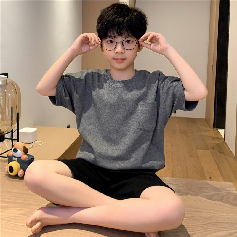 Children's Pajamas for Boys, Summer Thin Short-Sleeved Pure Cotton, Medium and Large Kidsren's Boys' Pure Color Casual Home Clothes Set