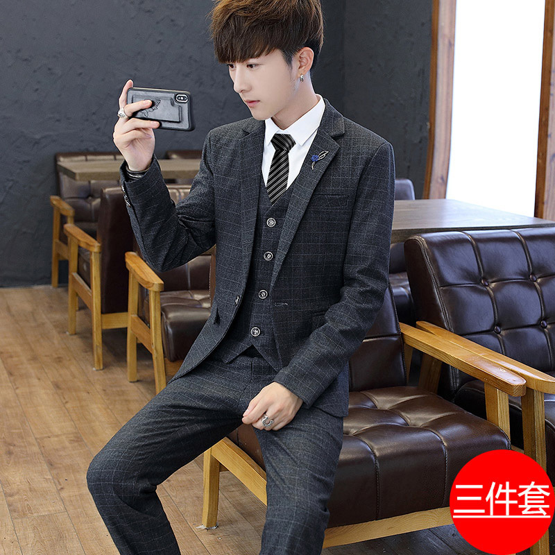 Teenage Suit Set for Boys, Korean Style, Slim Fit, Handsome Little Suit, Junior High and High School Student Graduation Dress, Three-Piece Set