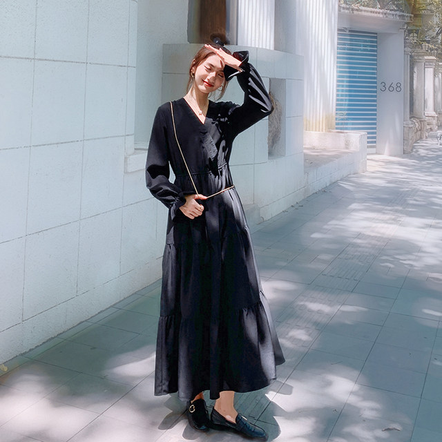 Black French 2024 spring and autumn new dress waist slimming long skirt Hepburn style ankle length skirt