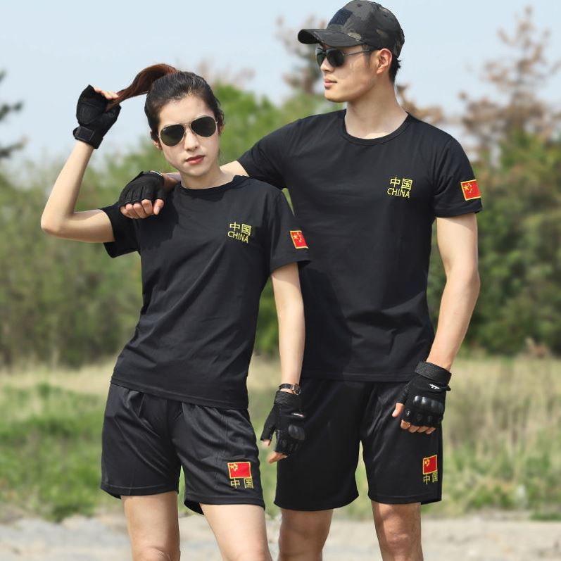 Summer Army fan embroidery camouflavored suit pants suit Chinese flag men's body capable of training short sleeve military training T-shirt
