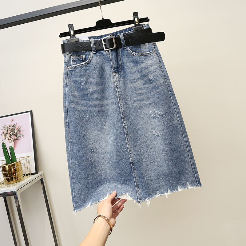Váy denim nữ châu Âu dài hè 2019 mới buông lơi Một chiếc váy chữ mỏng bước chân váy - Váy chân váy xếp ly 2 tầng