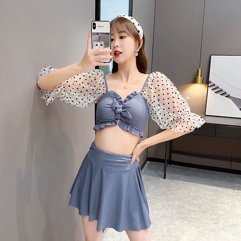 Fairy Faner, ngực nhỏ tụ tập để che thịt, ren mỏng sexy 2020 phụ nữ áo tắm ba mảnh xẻ tà mới của Hàn Quốc - Bộ đồ bơi hai mảnh